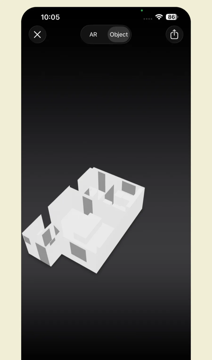 A 3D model of a scanned flat, shown as a white floorplan you can rotate