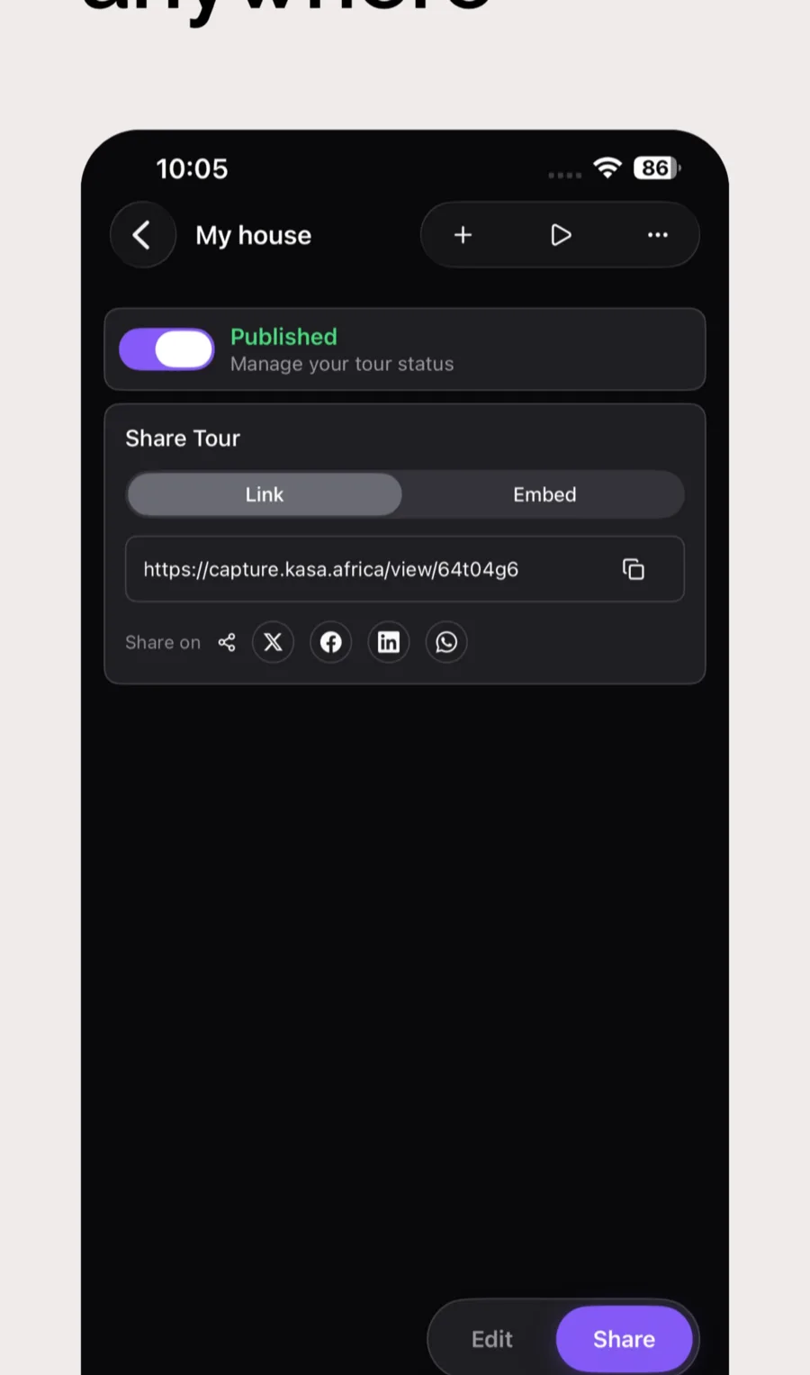 The share sheet for a published tour, showing the link and embed options